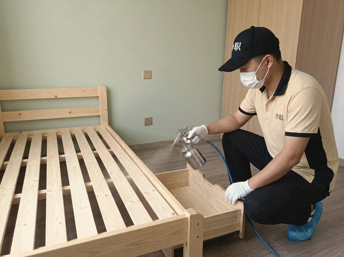 珠海香洲区新房除甲醛:净职师傅在儿童房床架处喷涂除醛(示意图)