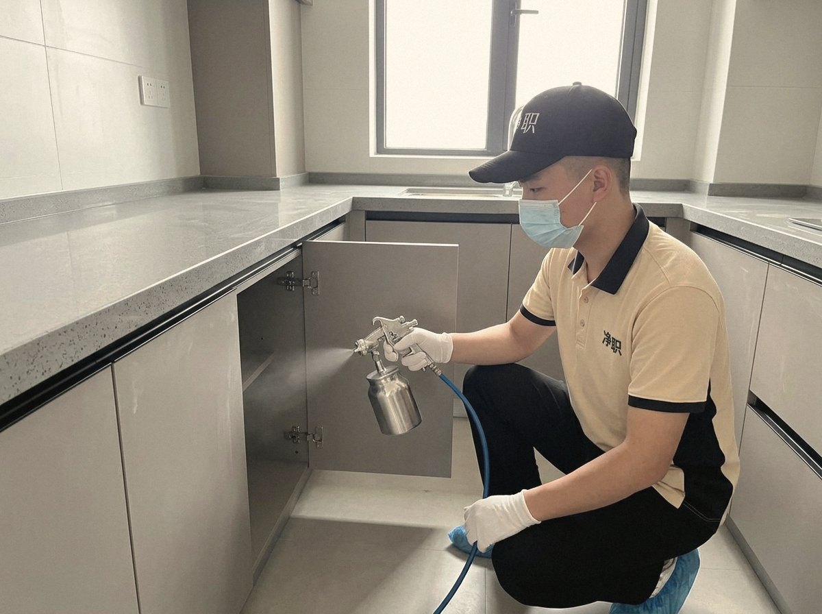 新房装修多久能入住:净职师傅为厨房橱柜内部喷涂除醛(示意图)