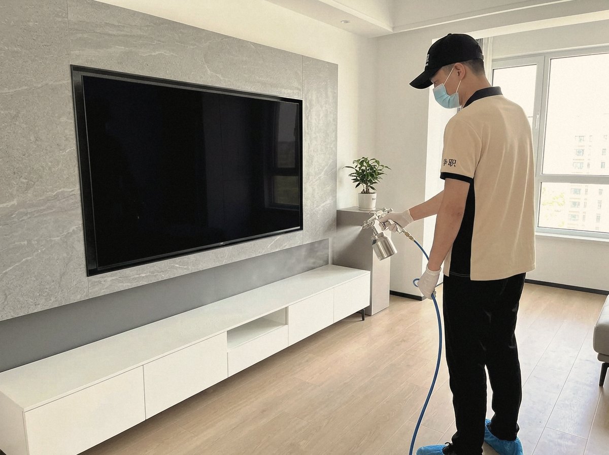 新房装修多久能入住:净职师傅为客厅电视柜喷涂除醛(示意图)