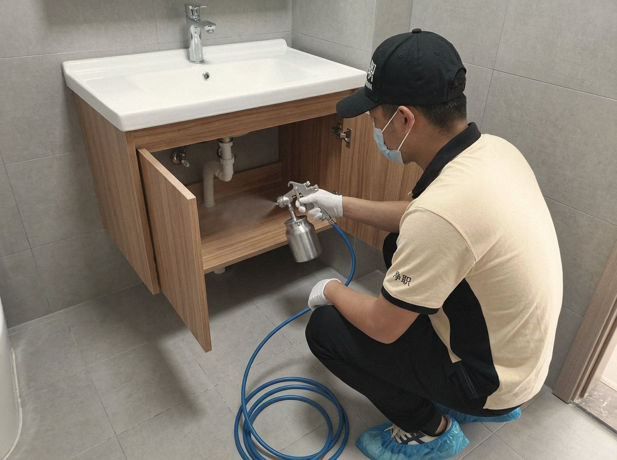 中山二手房除甲醛:净职师傅为浴室柜内部喷涂除醛(示意图)