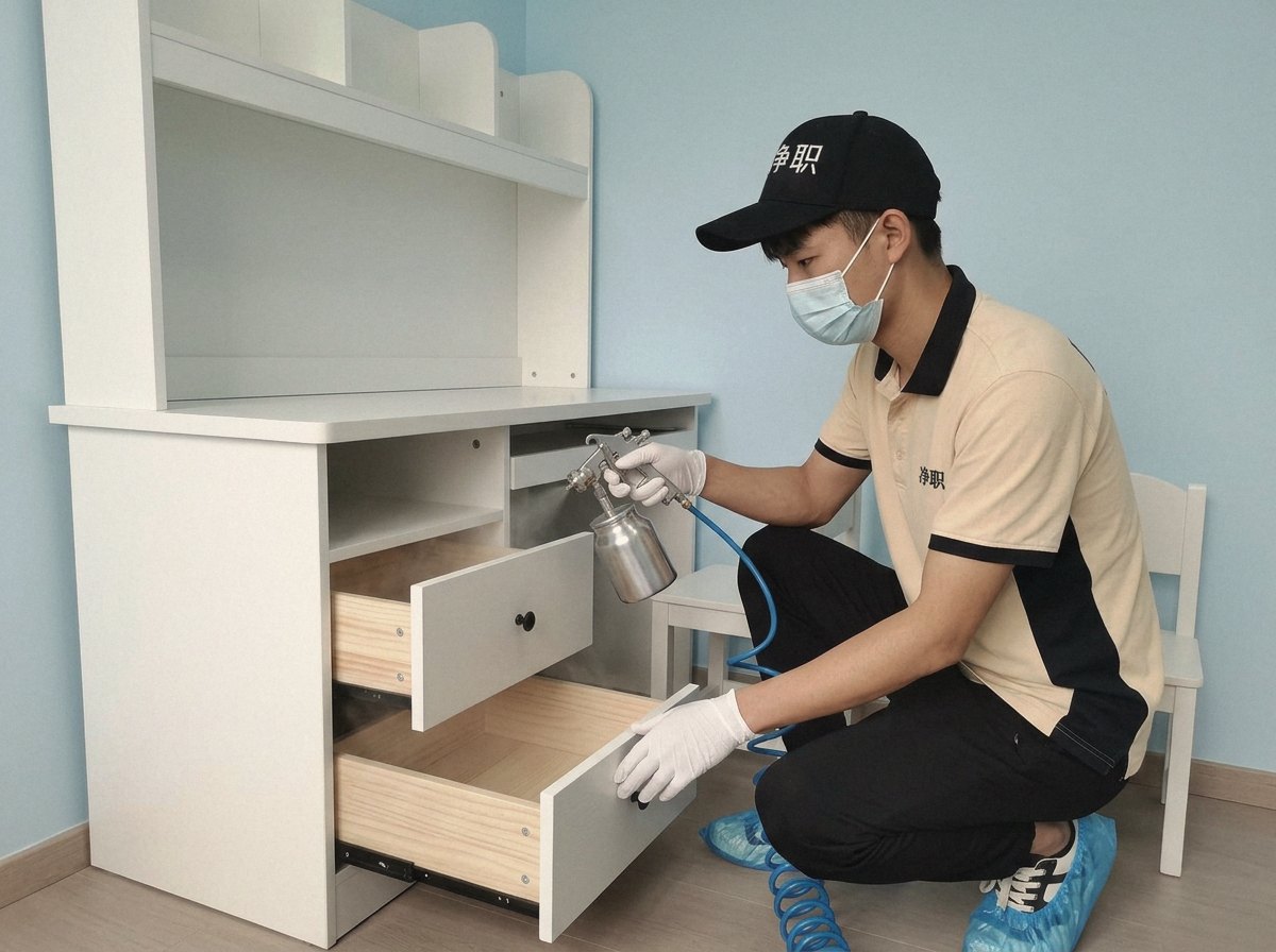 别墅甲醛检测怎么做：净职师傅为儿童书桌抽屉喷涂除醛（示意图）