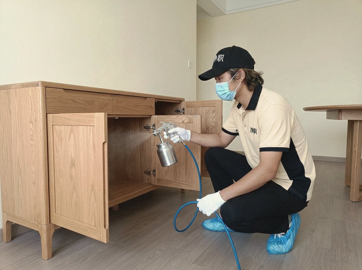新衣柜甲醛味大怎么办：净职师傅为餐边柜喷涂除醛（示意图）