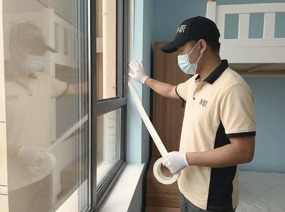 珠海金湾区婚房除甲醛:净职师傅用胶带密封窗缝准备熏蒸(示意图)