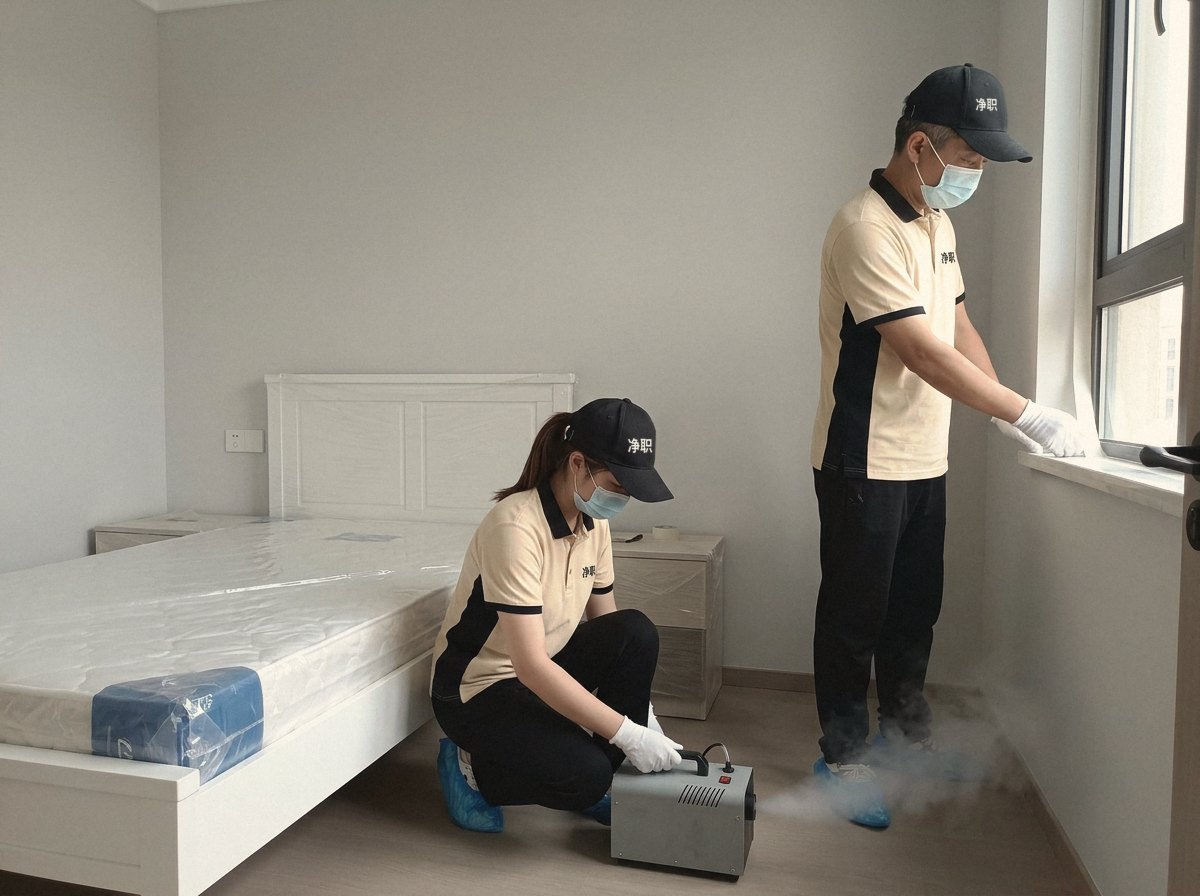 焦作婚房CMA检测怎么做：两位净职师傅为儿童房布置熏蒸设备（示意图）