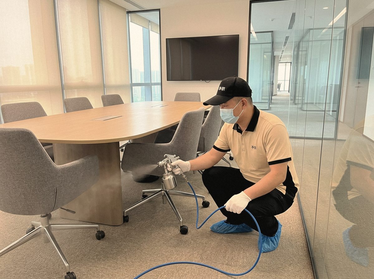 佛山顺德酒店客房除甲醛:净职师傅为会议室桌椅喷涂除醛(示意图)