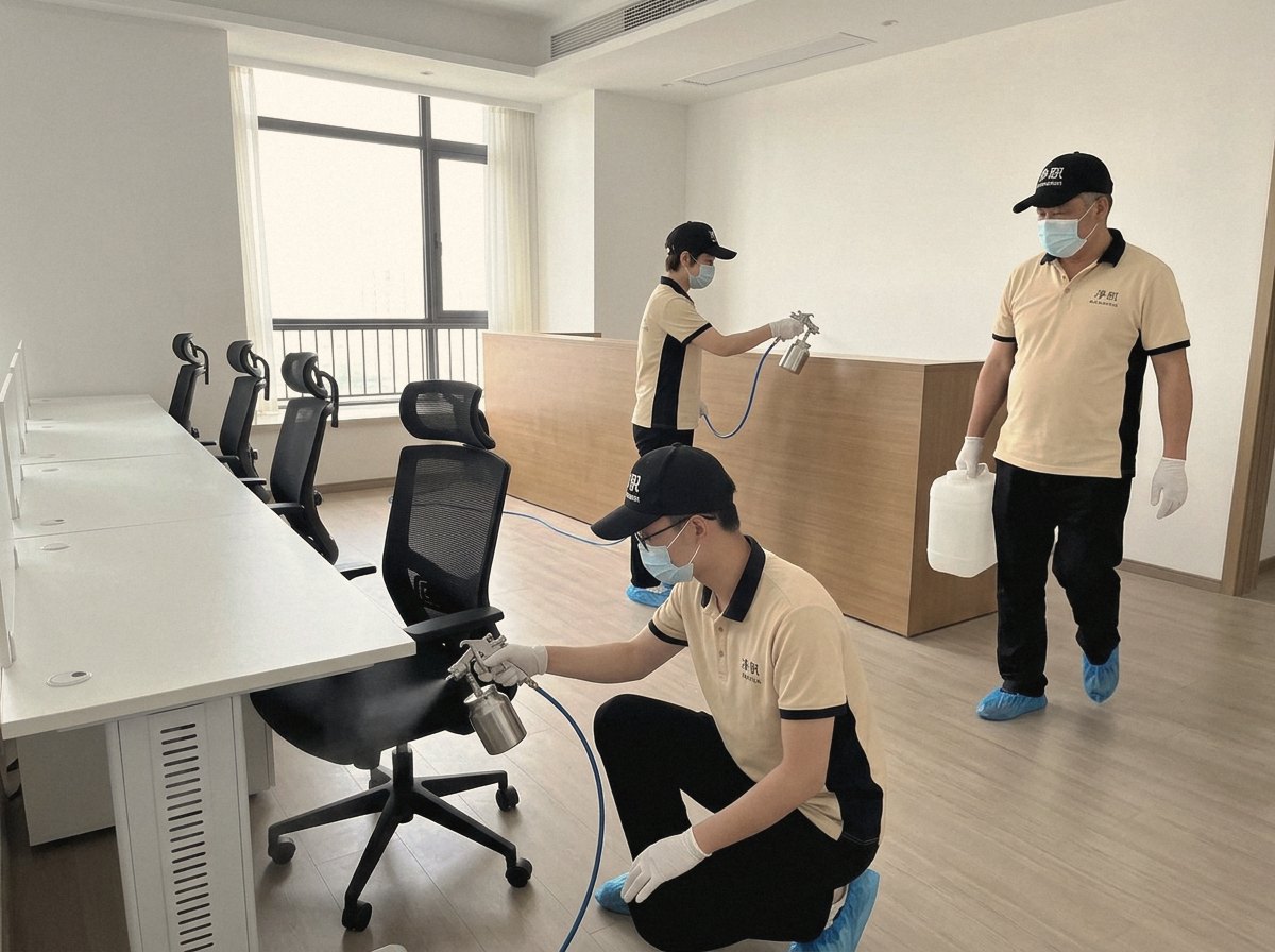 广州天河区办公室除甲醛:净职团队在新装修办公室施工(示意图)