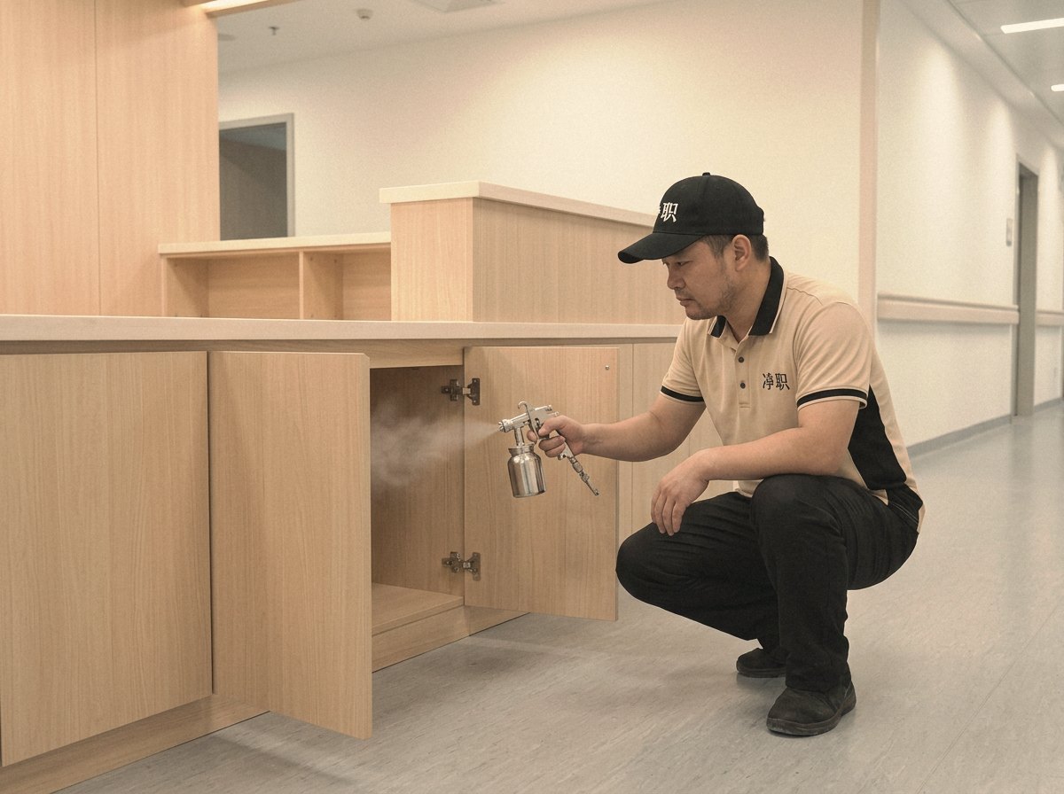 北川酒店去甲醛:净职师傅为医院护士站柜体喷涂除醛(示意图)